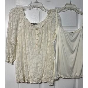 NY Collection Lace Blouse Cami Set Cottagecore Button Up Top Ivory Size XL